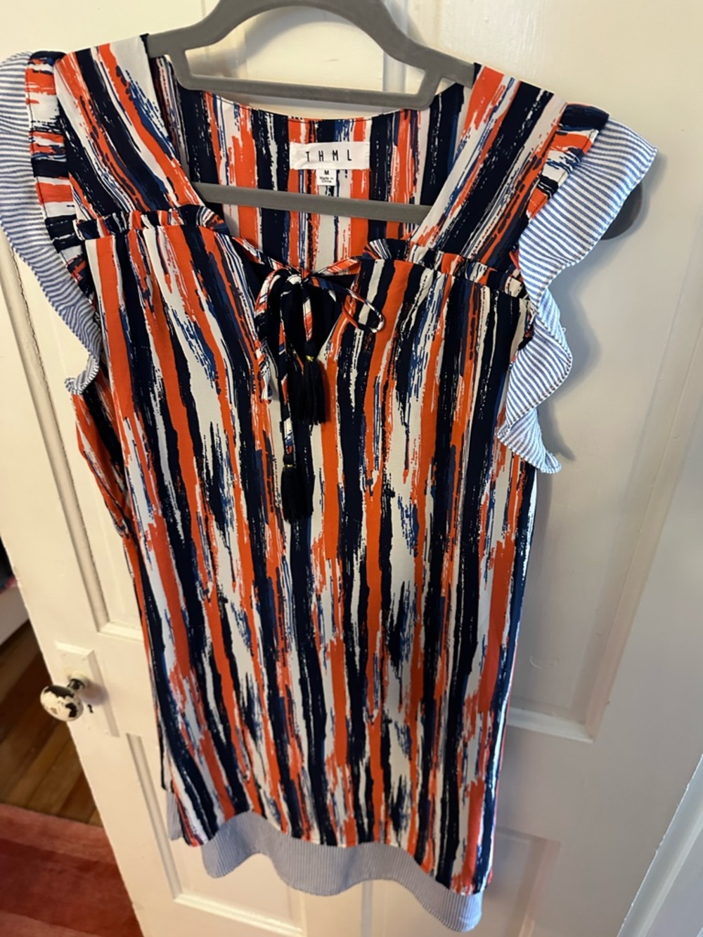 THML Striped Tassel Tie Dress with Seersucker Trim Sz M - Picture 7 of 9